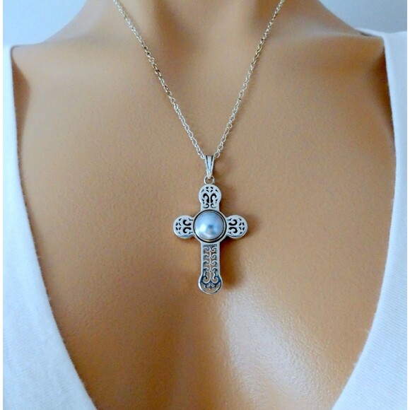 Vtg Sterling Silver Filigree Cross Pendant with Bezel Set Mabe Pearl - Picture 7 of 8